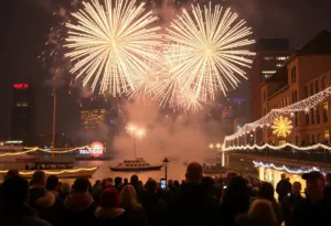 Fireworks display over the Philadelphia waterfront during New Year's Eve celebration