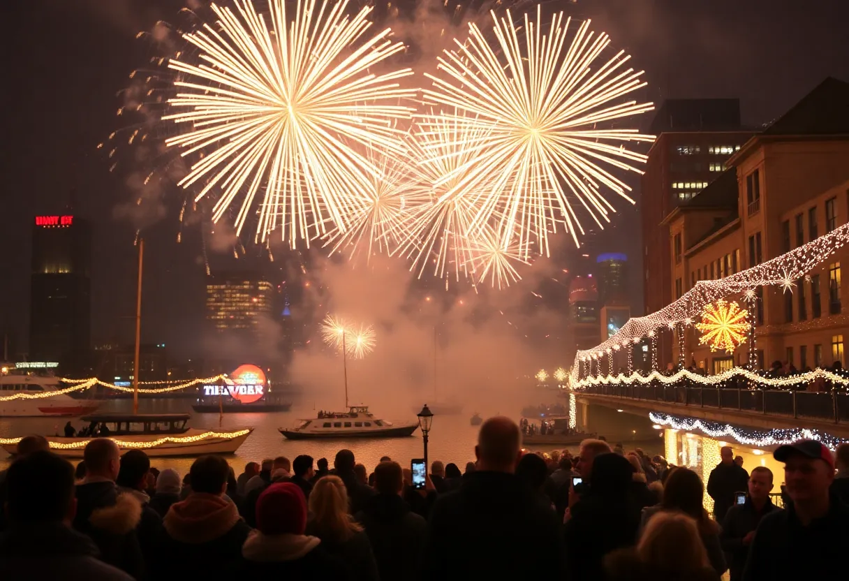 Fireworks display over the Philadelphia waterfront during New Year's Eve celebration