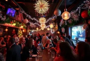 Crowd celebrating New Year's Eve at a bar during the Philadelphia NYE Bar Crawl