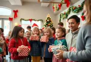 Philadelphia Phillies players and children celebrating the holiday season at the PAL Center.