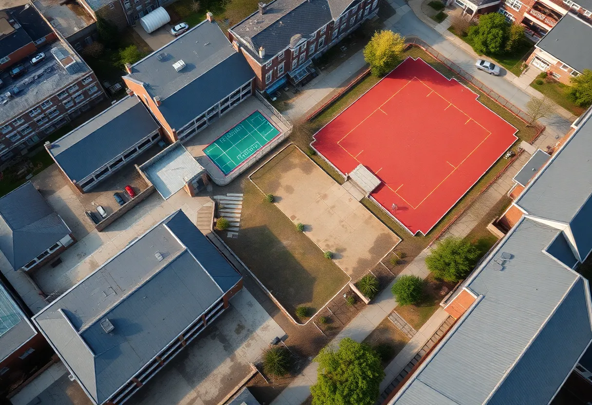 Aerial view of Philadelphia public schools with empty playgrounds