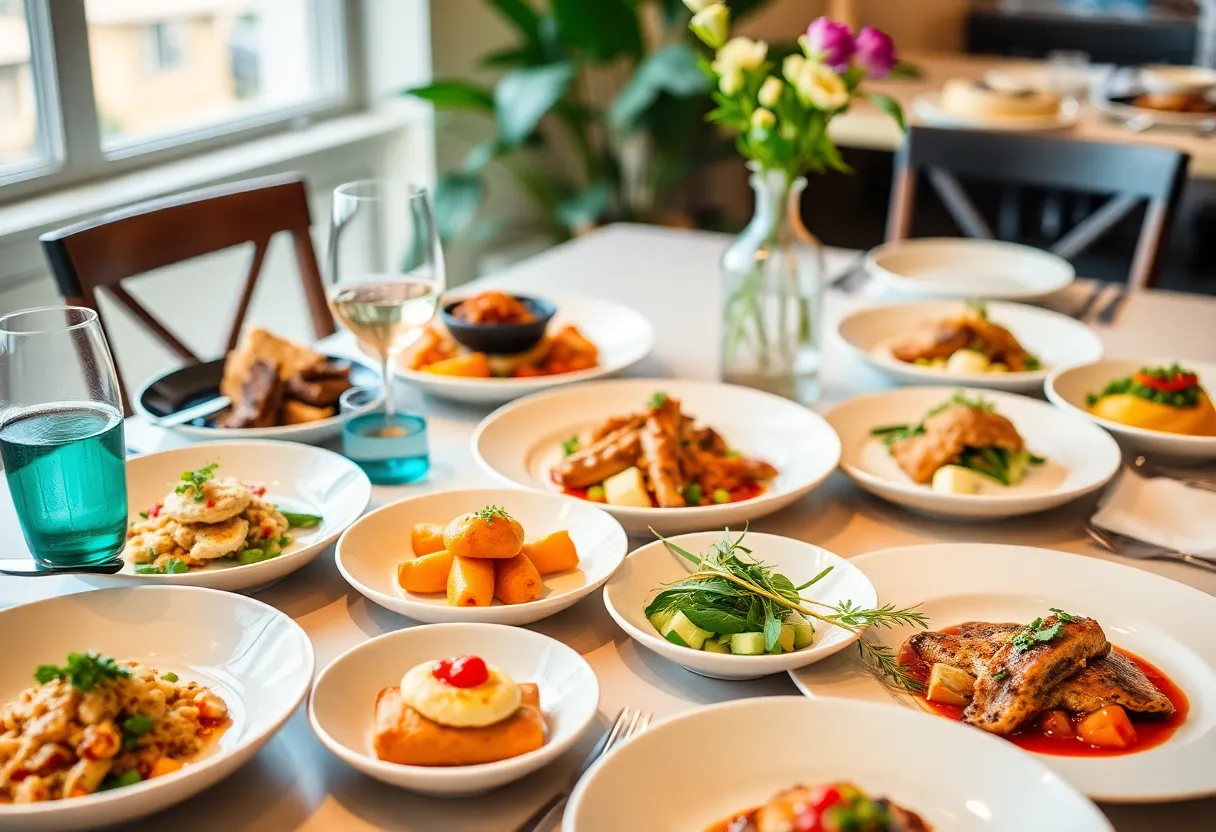 Gourmet dishes set on a dining table for Philadelphia Restaurant Week