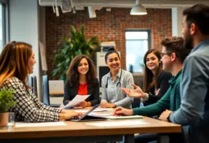 Employees in a discussion about healthcare benefits in a small Philadelphia business.