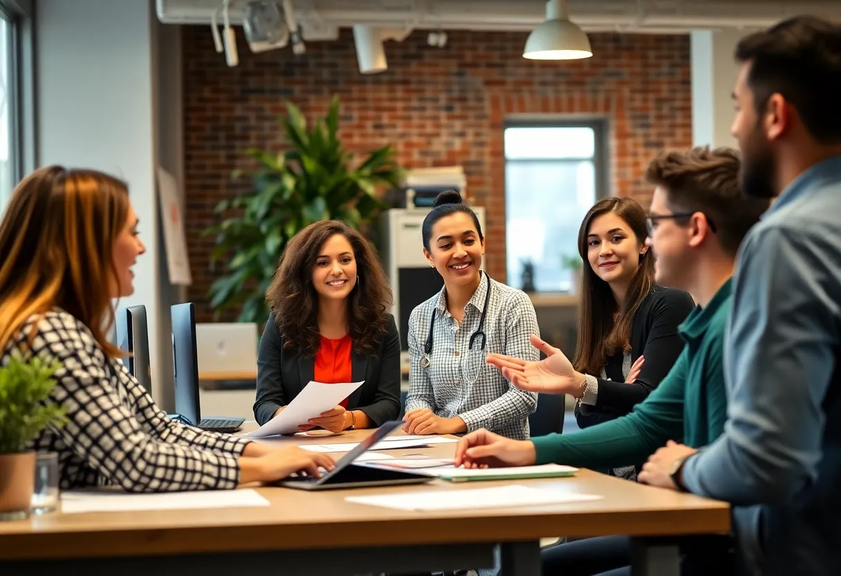 Employees in a discussion about healthcare benefits in a small Philadelphia business.