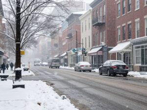 Snow falling on Philadelphia city streets