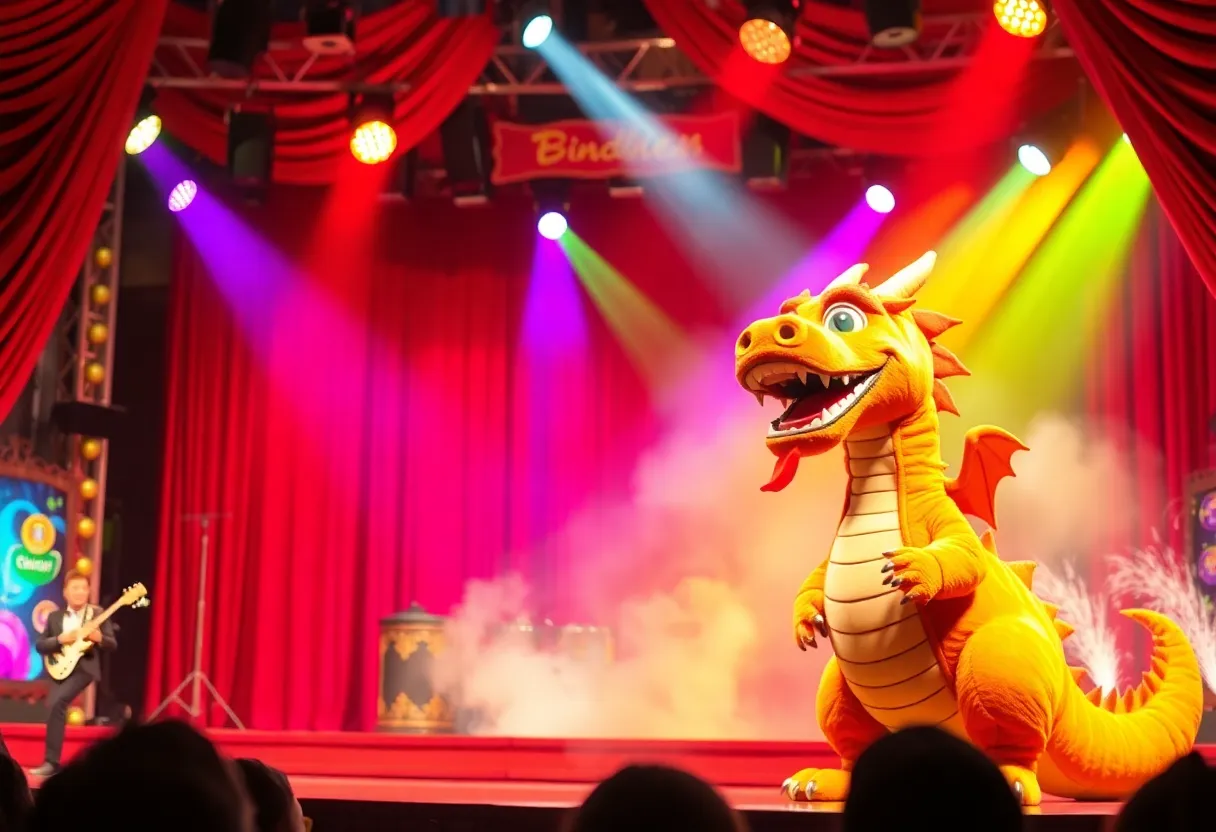 Piff the Magic Dragon performing on stage with an audience