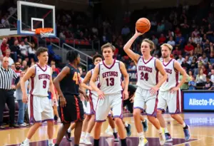 Pocono Mountain West High School basketball team playing during a game
