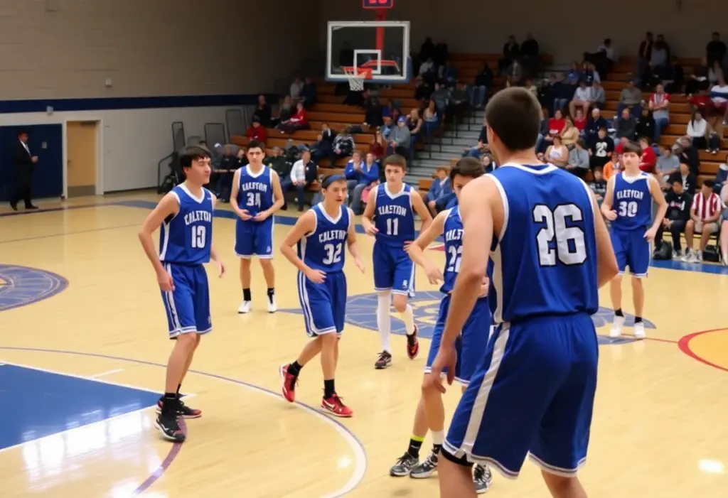 Pocono Mountain West basketball team celebrating their victory on the court.