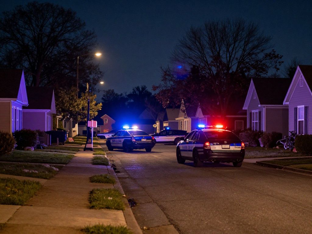 Police lights illuminating a neighborhood during a burglary response.