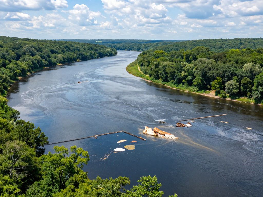 View of polluted waterways in Pennsylvania with industrial waste