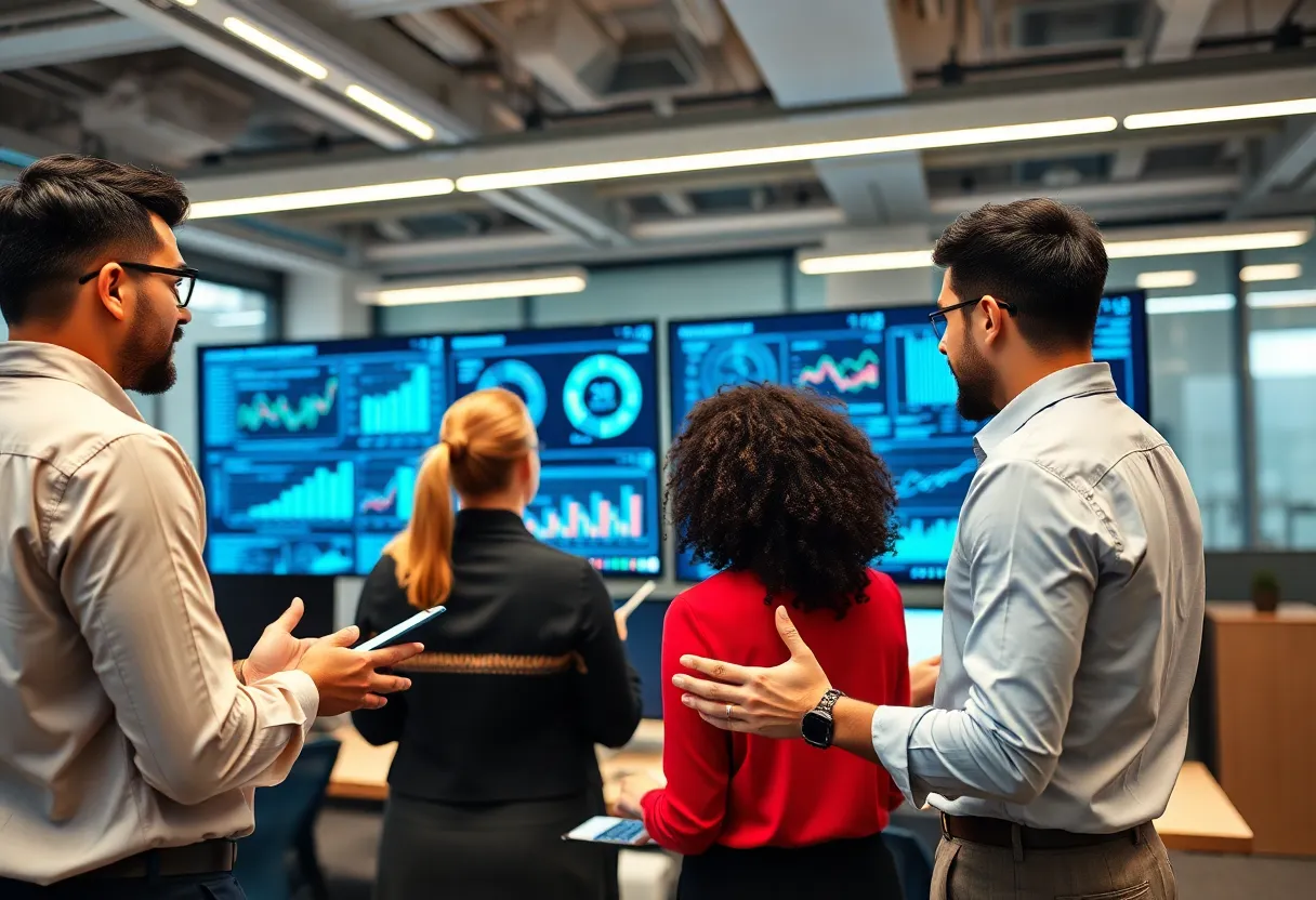 A diverse team working on data analytics solutions in a modern office.