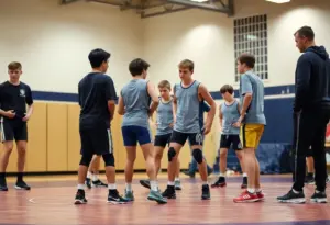 Wrestling team practicing on the mat at Quakertown High School