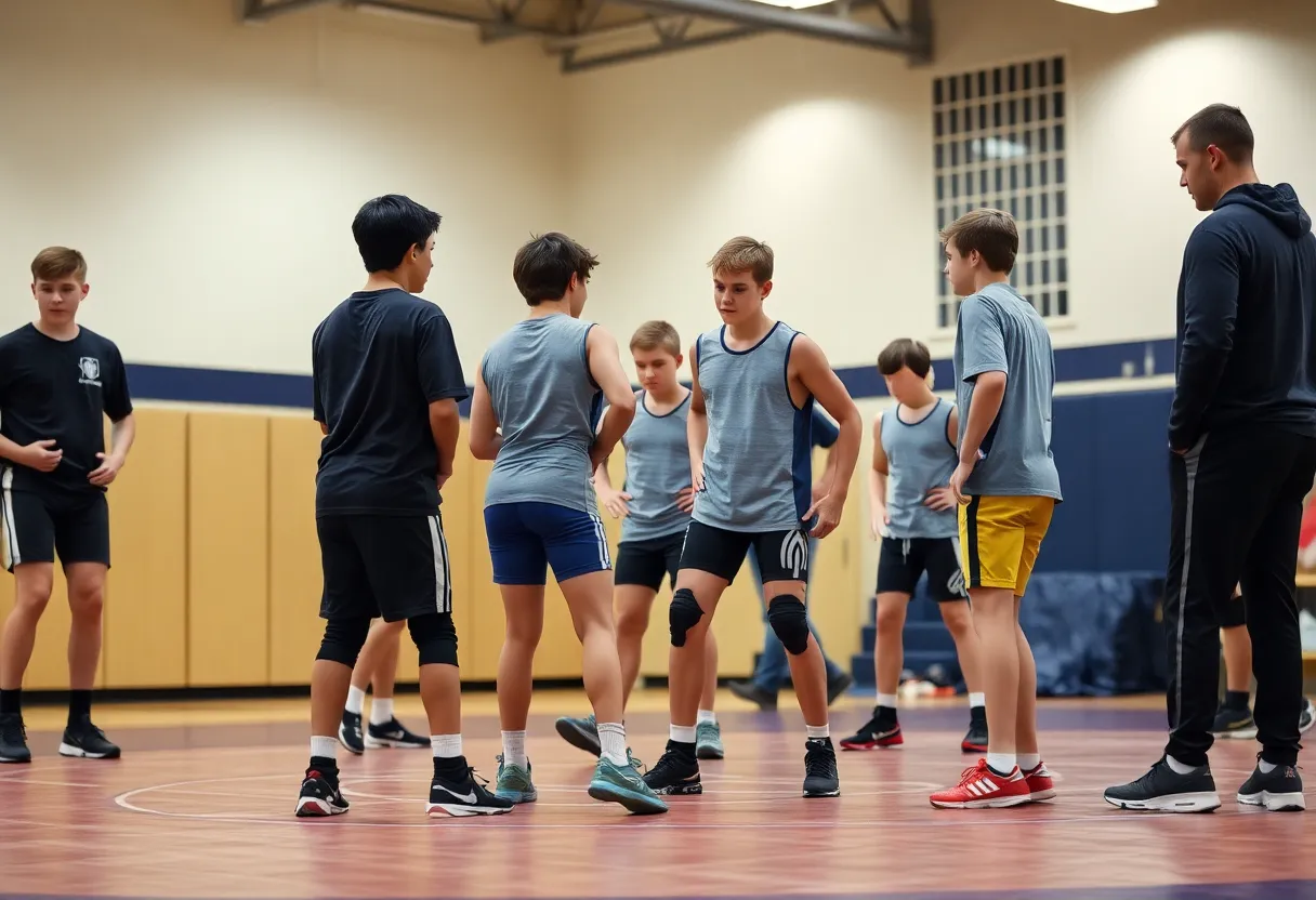Wrestling team practicing on the mat at Quakertown High School
