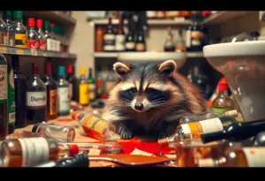 Raccoon lying on bathroom floor in liquor store