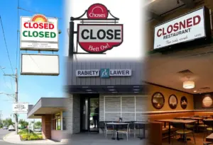 Empty dining spaces and restaurant signs indicating closure.