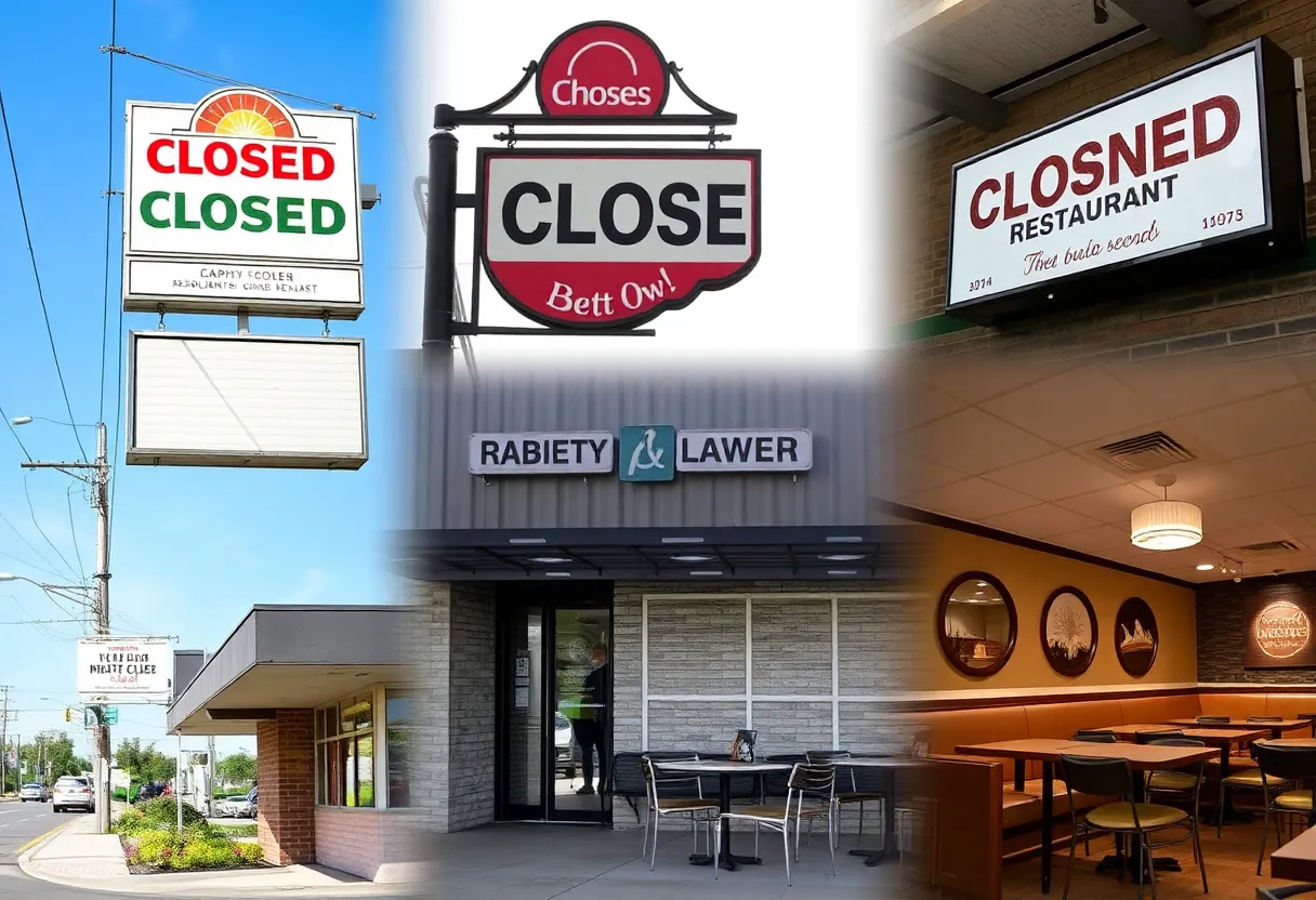 Empty dining spaces and restaurant signs indicating closure.
