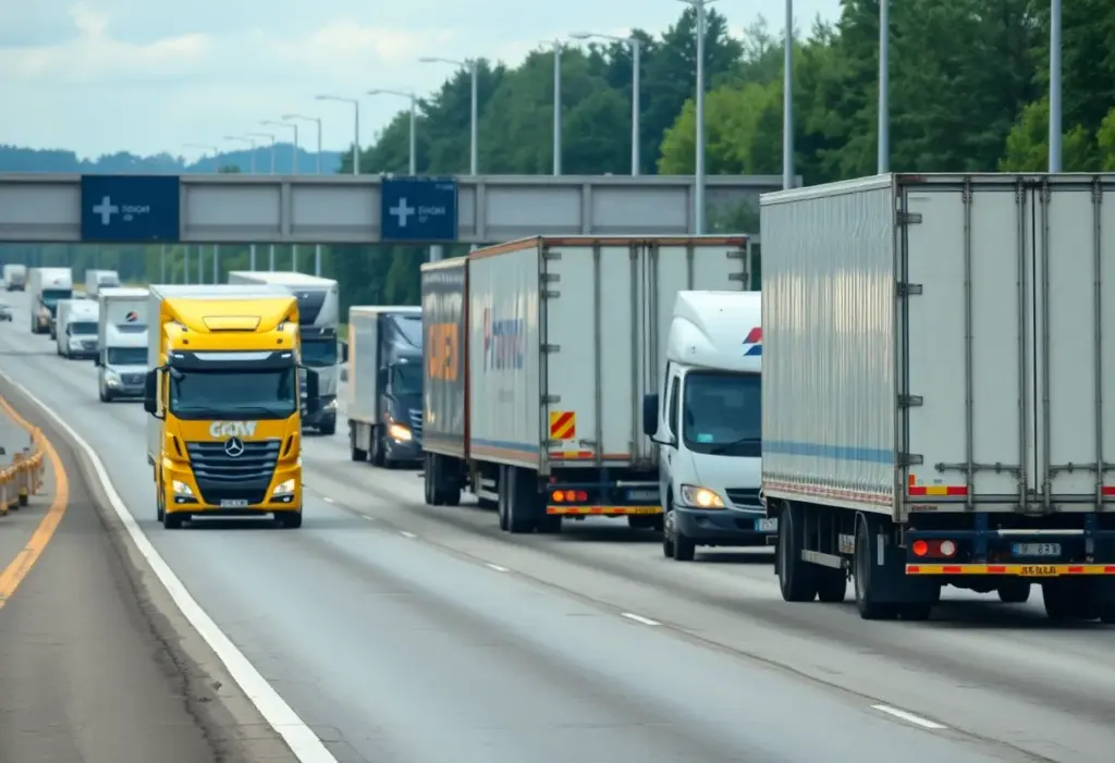 Highway scene depicting commercial vehicles in traffic