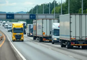 Highway scene depicting commercial vehicles in traffic