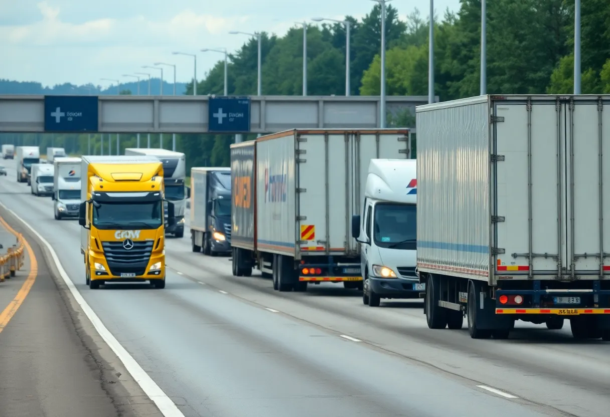 Highway scene depicting commercial vehicles in traffic
