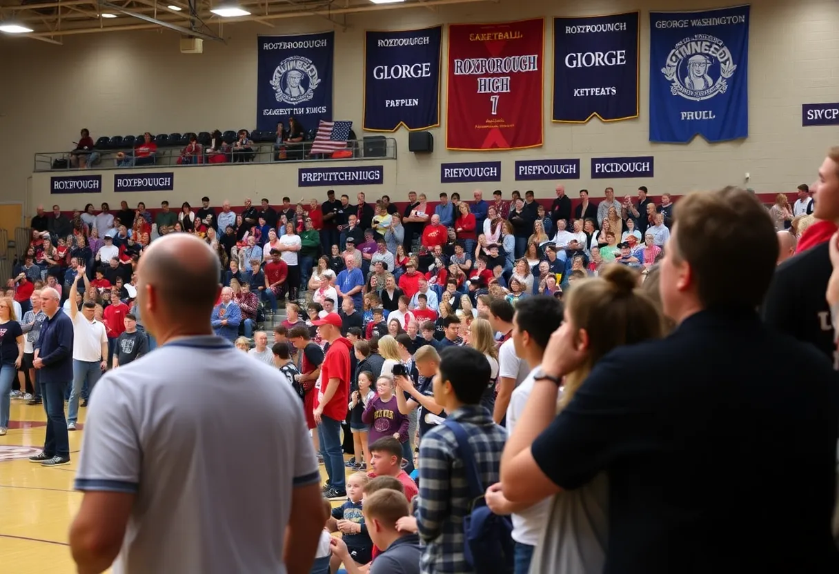 Fans cheering in the gym during the Roxborough vs George Washington high school basketball game.