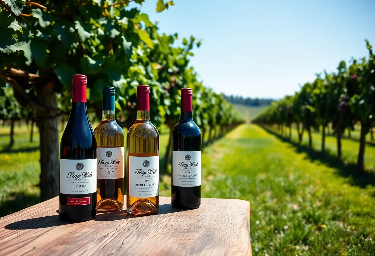 Beautiful vineyard with wine bottles on a wooden table