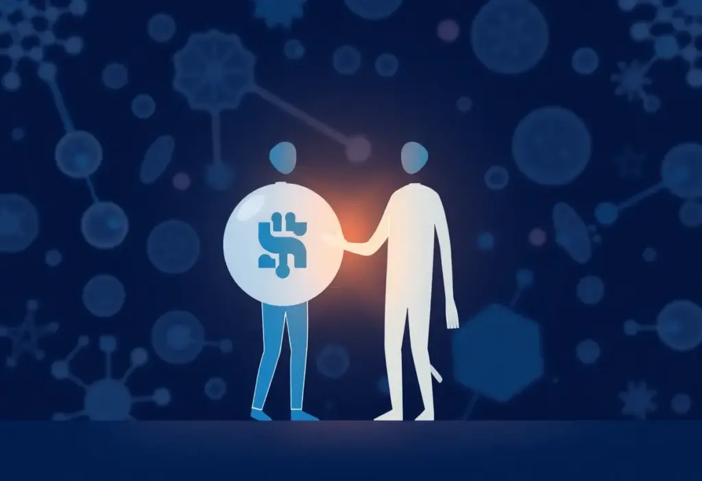 An illustration of business growth and acquisition in the life sciences sector.