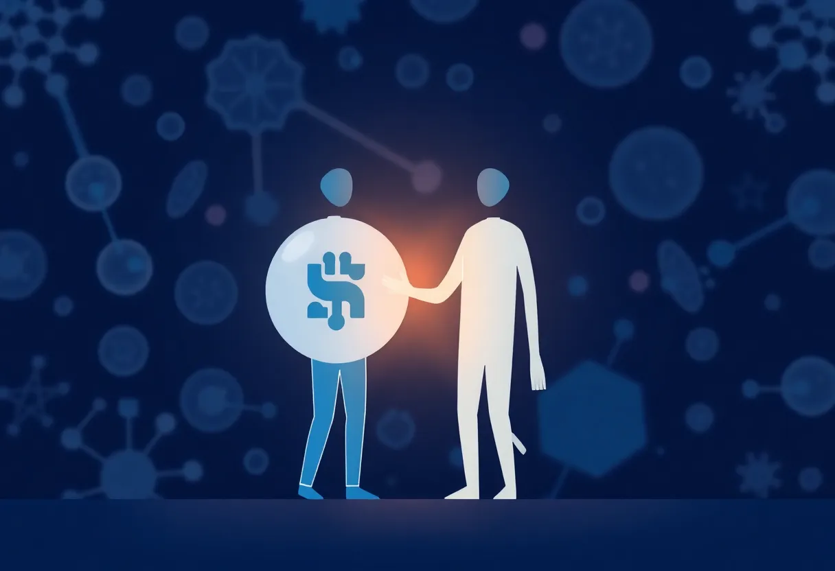 An illustration of business growth and acquisition in the life sciences sector.