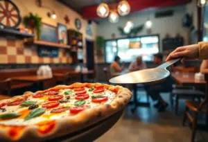 Pizzeria with a delicious pizza being served