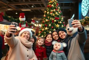 Families taking selfies with Santa and The Grinch at a festive charity event in Philadelphia.