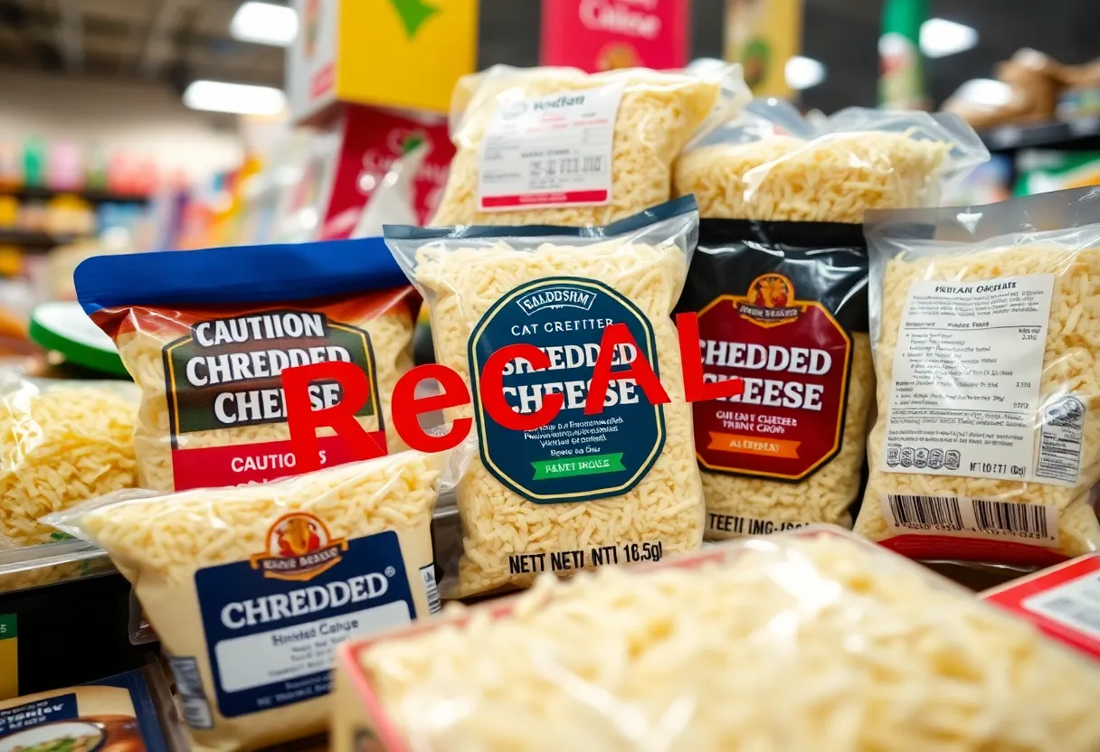 Various packages of shredded cheese with a recall notice