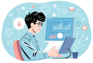 Small business owner evaluating AI visibility assessment on a laptop