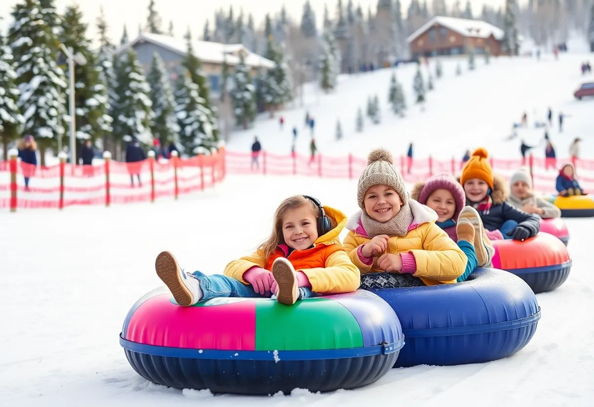 Families tubing down snow-covered slopes