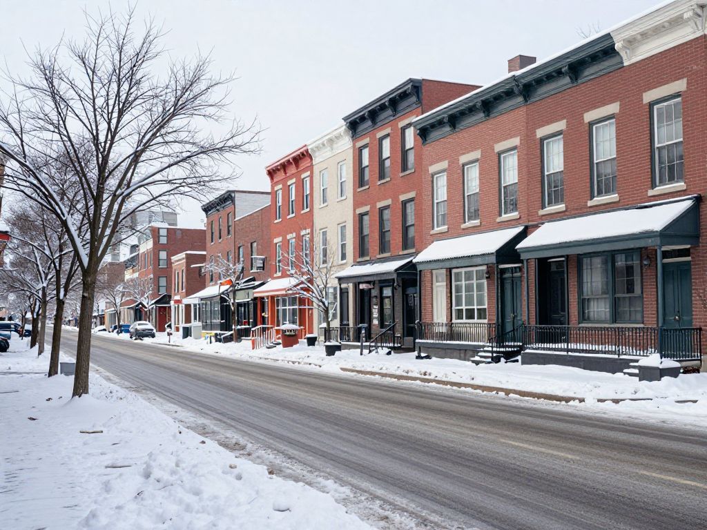 A winter scene in Philadelphia with snow-covered streets.