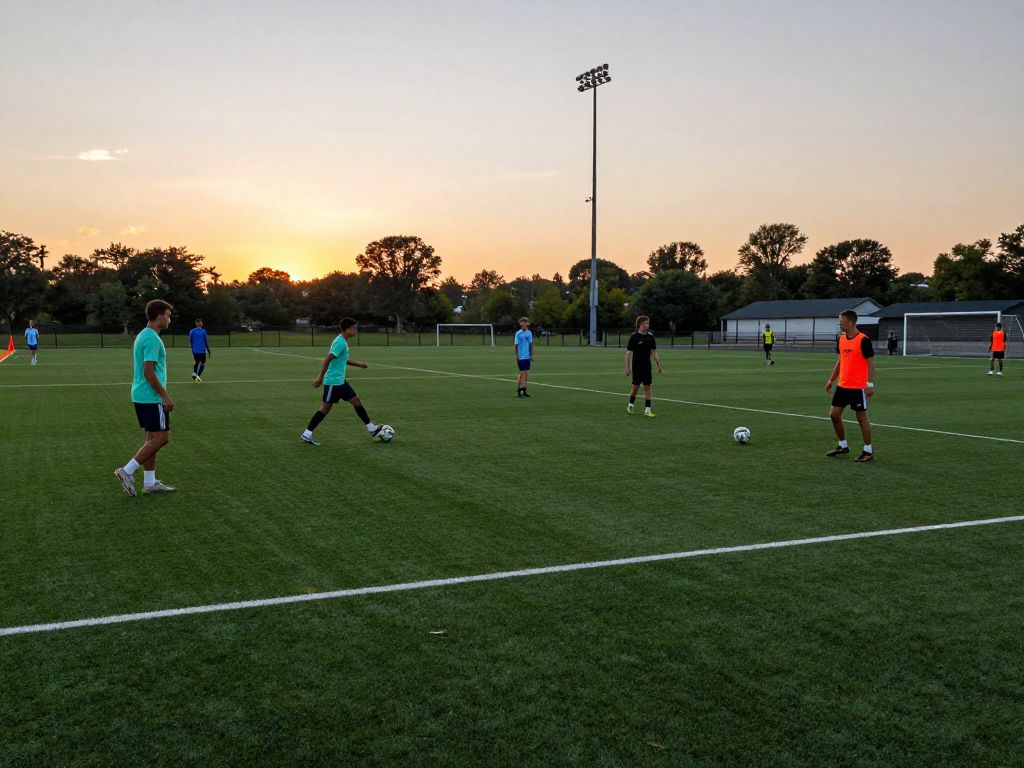 A scenic view of soccer players training on a field during sunset in Philadelphia.