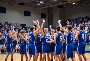 Basketball team in blue uniforms celebrating a win in a school gymnasium.