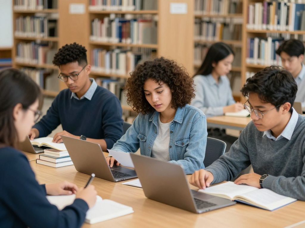 Graduate students studying in a library for their advanced degrees.
