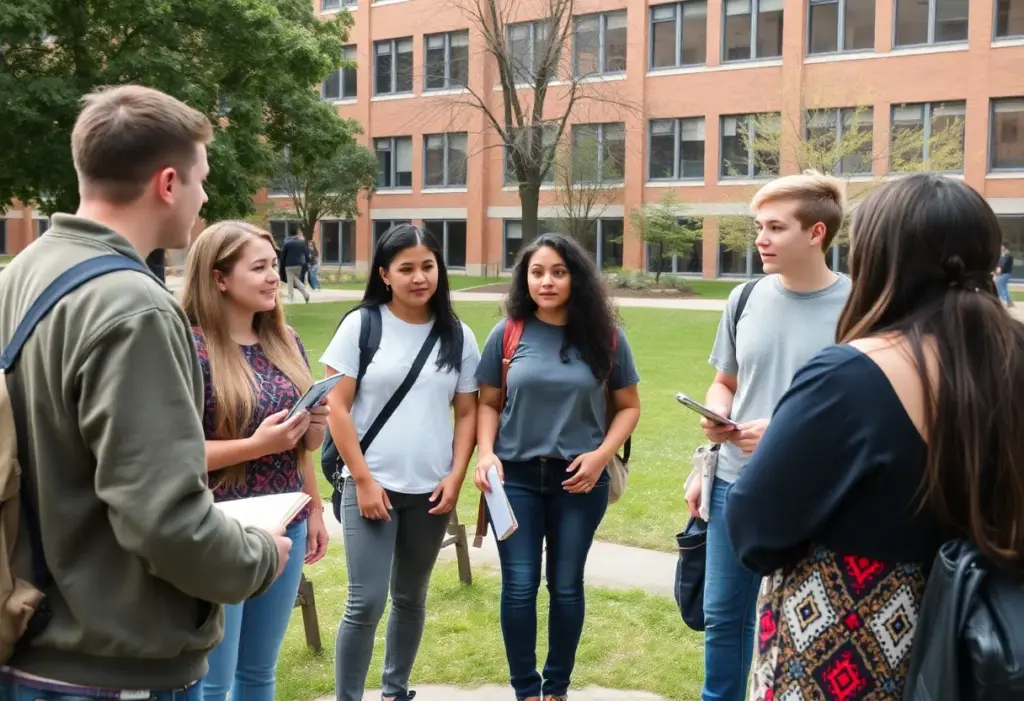 Students having a discussion related to land acknowledgment on a university campus