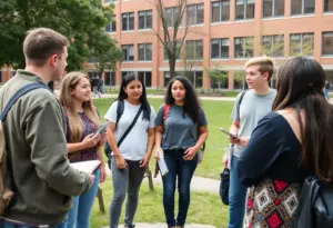 Students having a discussion related to land acknowledgment on a university campus