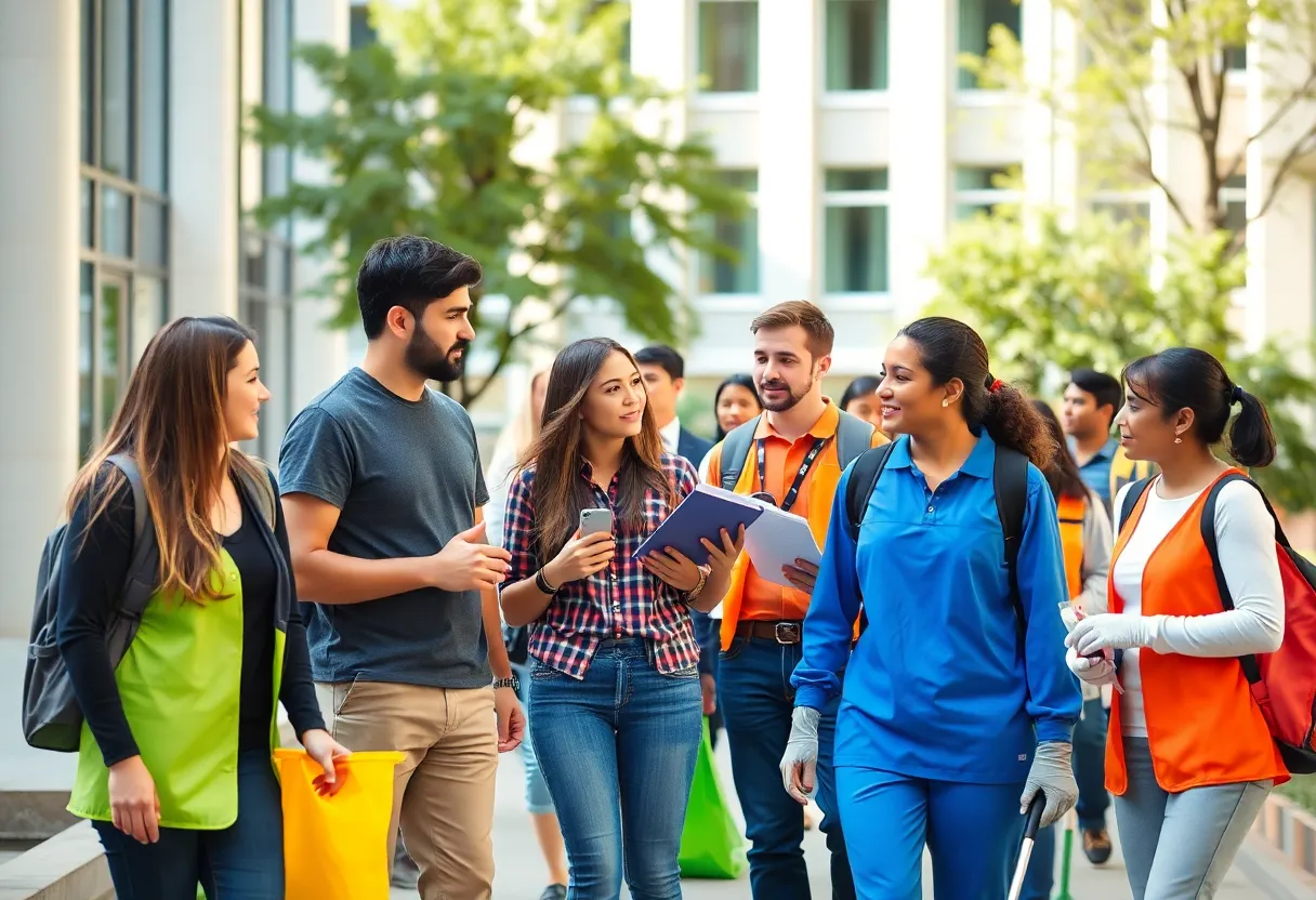 Diverse essential workers interacting with students on a university campus