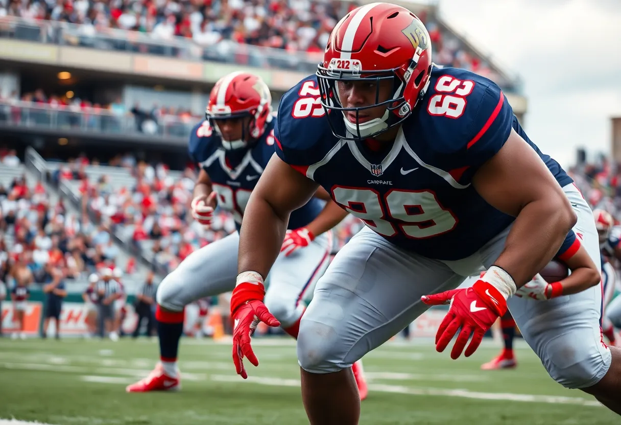 Defensive lineman preparing for a play on the field