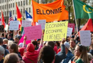 Rally scene with supporters discussing affordability and economic issues.