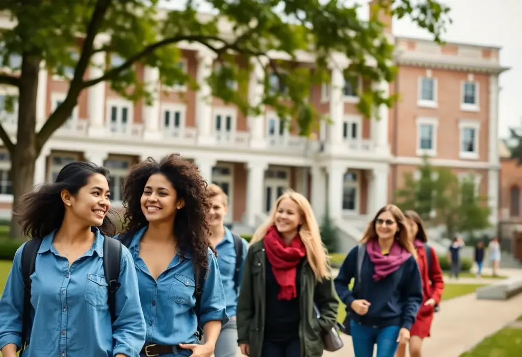 Students on university campus representing diversity and inclusivity.