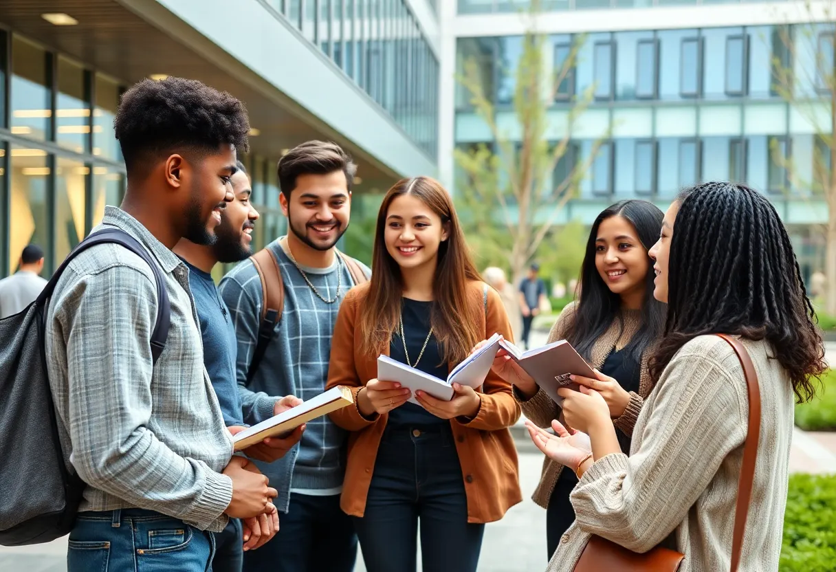 Students discussing academic topics on campus