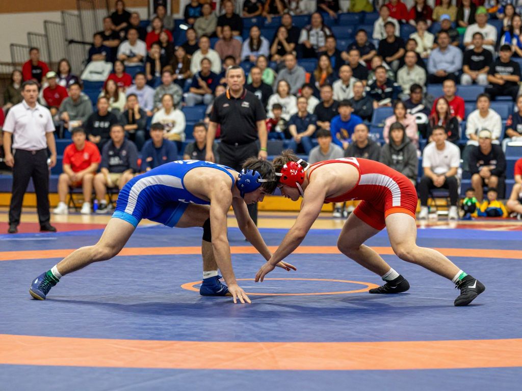 Athletes competing in a wrestling match at the University of Pennsylvania
