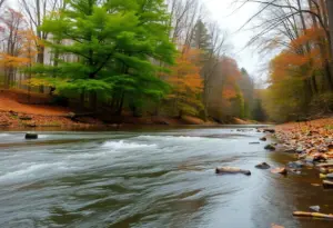A serene creek in Upper Chichester with trees and autumn leaves.