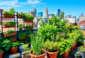 A creative urban garden in Philadelphia with green plants and city buildings in the background