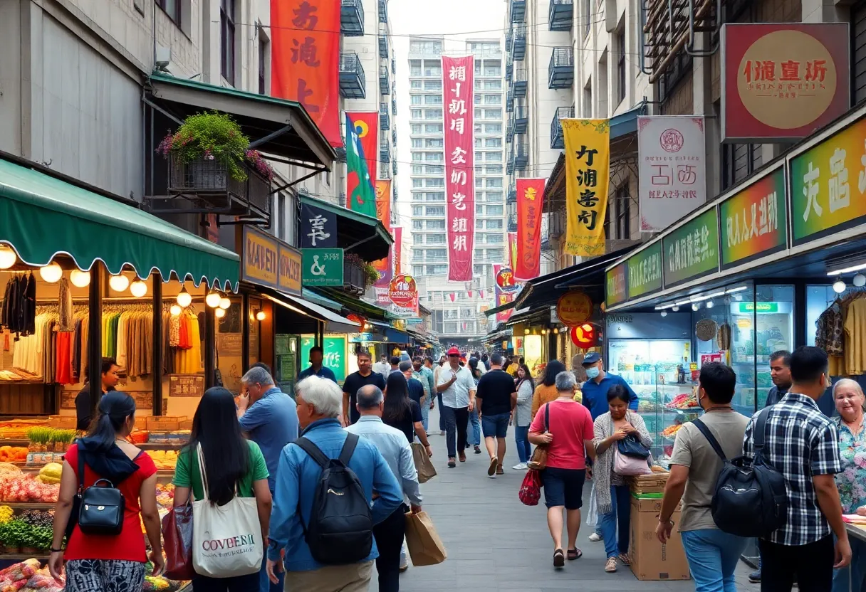 A vibrant urban marketplace showcasing economic growth and community engagement.