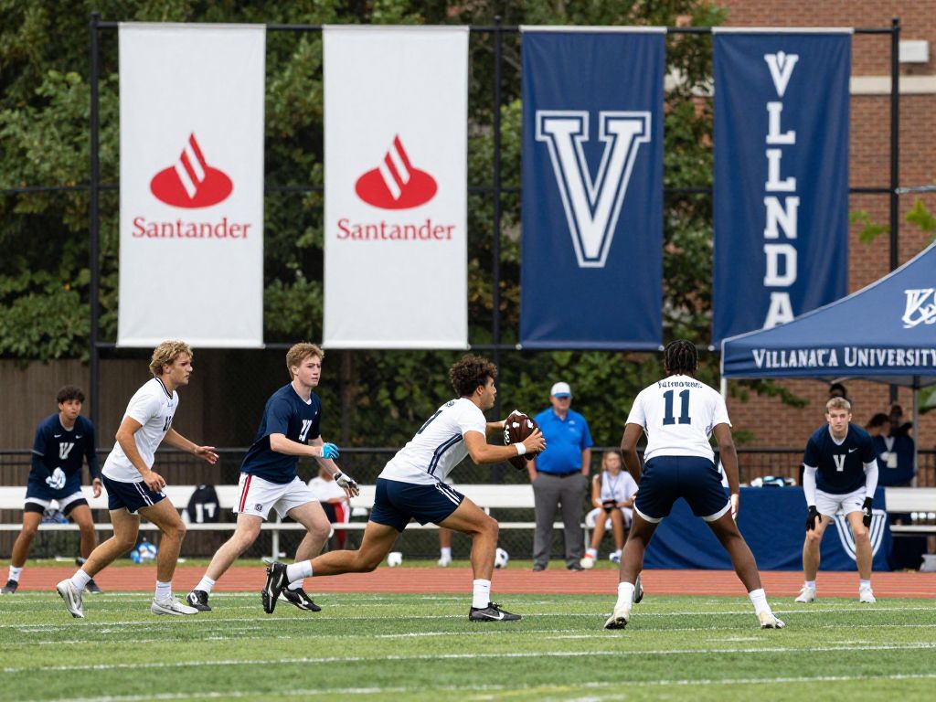 Villanova University student-athletes showcasing their talents with Santander branding in the background.