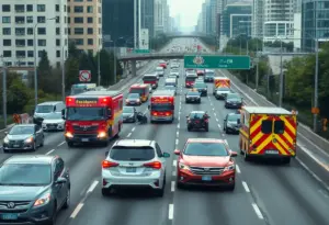 Emergency services responding to a crash on the Vine Street Expressway in Philadelphia.