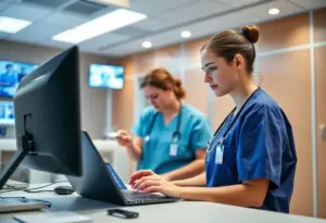 Nurses collaborating in a hospital using virtual nursing technology.